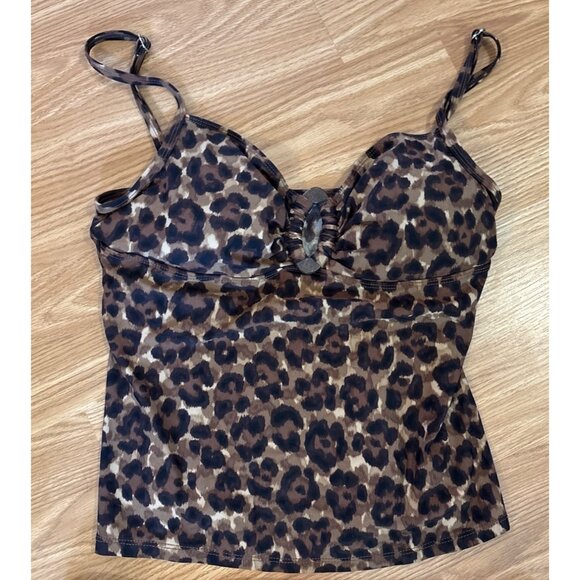 Lauren Ralph Lauren Leopard Print Tankini Top & Solid Brown Bikini Bottoms Sz 14 - Picture 2 of 14